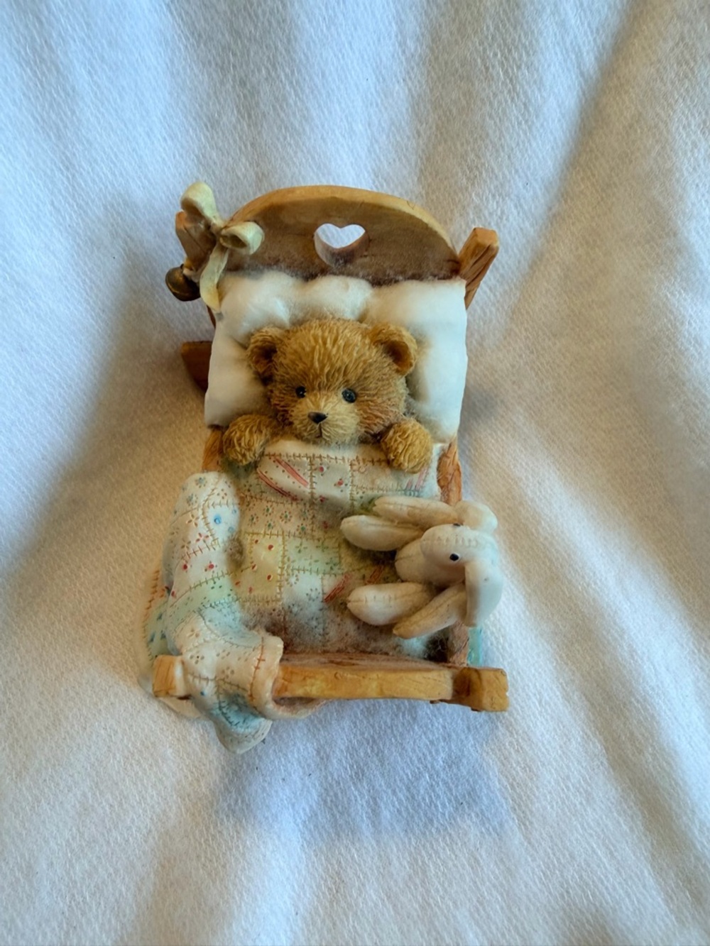 Bear in Bed Figurine with Bunny and Patchwork Quilt - Brown/Tan